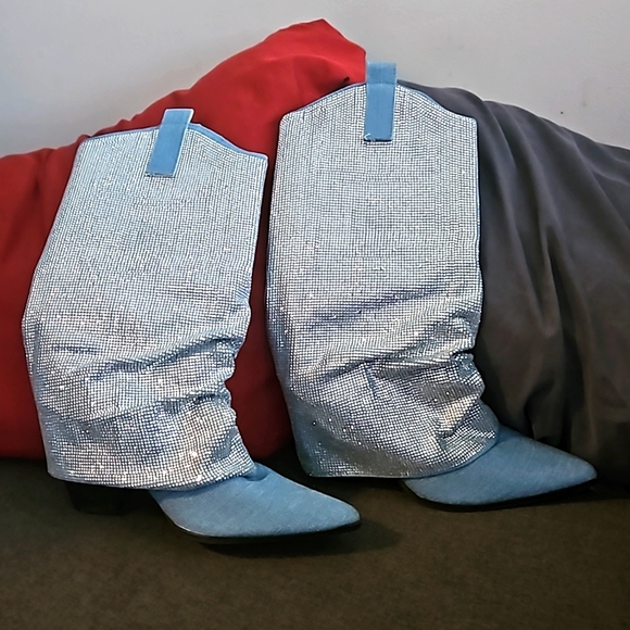 Bling  blue denim fold-over boots - Picture 2 of 3